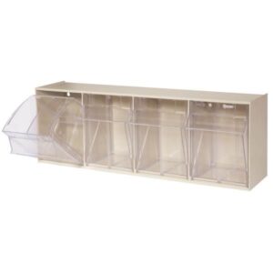 Akro-Mils Tiltview Bins Cabinet System, 4 Bin, 6 3/4"L x 8 3/16"H x 23 5/8"W, Clear/Stone, 1/Each