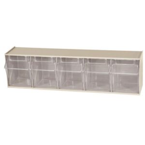 Akro-Mils Tiltview Bins Cabinet System, 5 Bin, 5 3/8"L x 6 1/2"H x 23 5/8"W, Clear/Stone, 1/Each