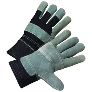 Leather Palm Denim Back Gloves, Large, Pearl Gray with Stripes