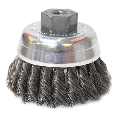 Knot-Style Cup Brushes, 2 3/4 in Dia, 0.014 in Carbon Steel Wire, 3/8 in - 24 Arbor
