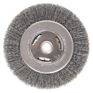 Light Duty Crimped Wheel Brushes, 6 D x 7/8 W, 0.014 Carbon Steel, 5/8 in - 1/2 in