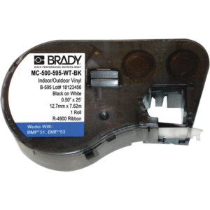 Brady BMP 41, BMP 51, & BMP 53 Indoor/Outdoor Vinyl Labels, 1/2" x 25'', Black/White, 1/Roll