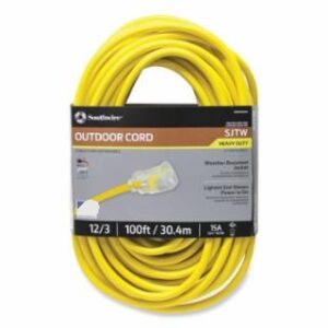 Southwire Vinyl SJTW Outdoor Extension Cord w/ Lighted End, 12/3 AWG, 15 A, 100'', Yellow,