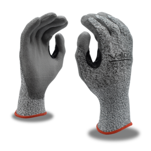 VALOR PLUS SALT & PEPPER 13-GAUGE HPPE SHELL, GRAY POLYURETHANE PALM COATING, NITRILE THUMB CROTCH, ANSI CUT LEVEL A2
