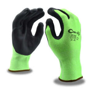 COR-TEX HI-VIS LIME 13-GAUGE HPPE PLAITED SHELL, BLACK SANDY NITRILE PALM COATING, ANSI CUT LEVEL A2