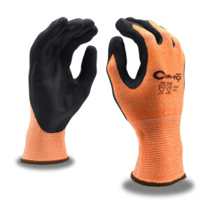 COR-TEX HI-VIS ORANGE 13-GAUGE HPPE PLAITED SHELL, BLACK SANDY NITRILE PALM COATING, ANSI CUT LEVEL A2