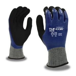 TUF-COR ICE, TWO-PLY SHELL: 13-GAUGE HPPE/GLASS & BRUSHED ACRYLIC TERRY, BLUE NITRILE FULL COATING, BLACK SANDY NITRILE PALM COATING, ANSI CUT LEVEL A4