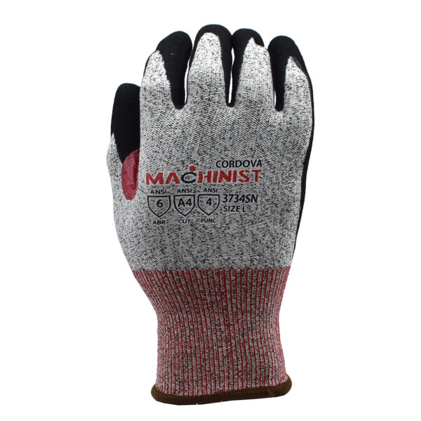 MACHINIST 13-GAUGE, HPPE/GLASS SHELL, BLACK SANDY NITRILE PALM COATING, NITRILE REINFORCED THUMB CROTCH, ANSI CUT LEVEL A4, TOUCHSCREEN FINGERTIPS