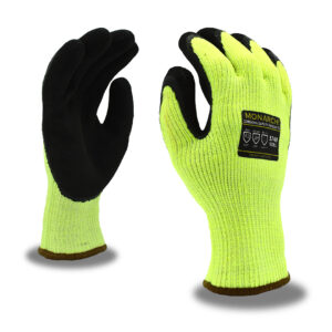 MONARCH SUB-ZERO?: 7-GAUGE, HI-VIS GREEN HIGH PERFORMANCE SHELL, BRUSHED INTERIOR, MICROFOAM LATEX PALM COATING, ANSI CUT LEVEL A5