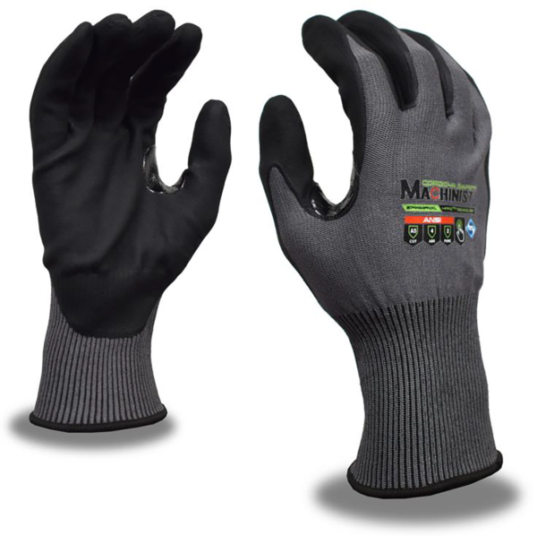 MACHINIST, GRAY, 15-GAUGE HPPG SHELL, MICROFOAM NITRILE PALM COATING, REINFORCED THUMB CROTCH, TOUCHSCREEN, SANITIZED TREATMENT, ANSI CUT LEVEL A5