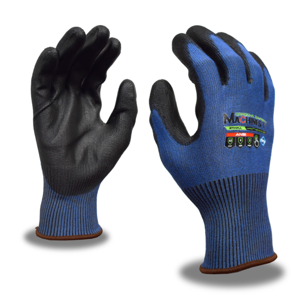 MACHINIST, BLUE, 15-GAUGE HPPG SHELL, POLYURETHANE PALM COATING, TOUCHSCREEN, SANITIZED TREATMENT, ANSI CUT LEVEL A5