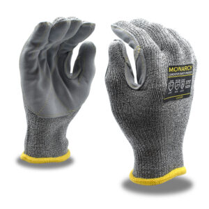 MONARCH-LEATHER?: 10-GAUGE, GRAY HIGH PERFORMANCE SHELL, LEATHER PALM, REINFORCED THUMB CROTCH, ANSI CUT LEVEL A4