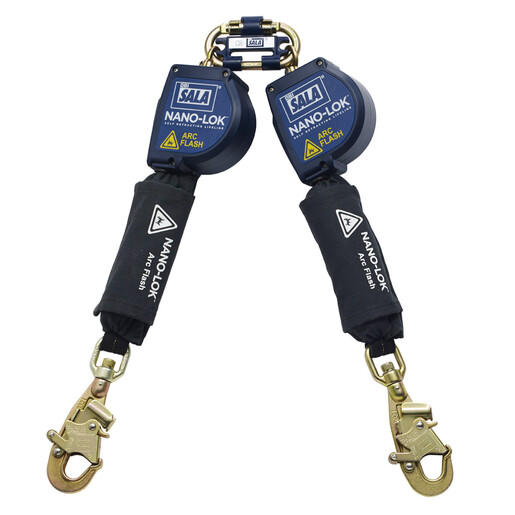 3M DBI-SALA 8' Nano-Lok Arc Flash Quick Connect Twin-Leg Self Retracting Lanyard With Kevlar Webbing Steel Swiveling Snap Hooks And Quick Connector For Harness Mounting