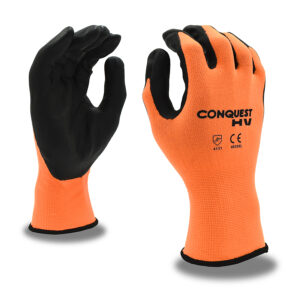 PREMIUM, HI-VIS ORANGE NYLON/SPANDEX SHELL, BLACK FOAM NITRILE/PU PALM COATING