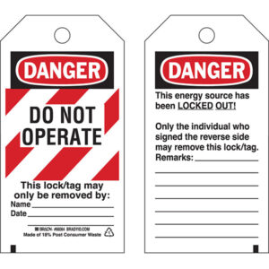 Brady Lockout Tags, Danger: "Do Not Operate", Striped Cardstock, 5 3/4" x 3", Red/Black/White, 25/Pkg