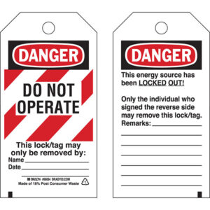 Brady Lockout Tags, Danger: "Do Not Operate" Striped Heavy-Duty Polyester, 5 1/2" x 3", Red/Black/White, 25/Pkg