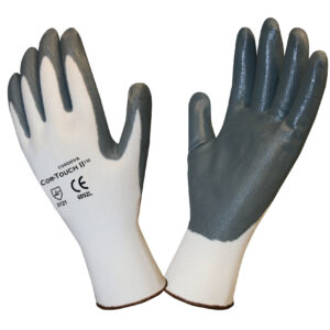 COR-TOUCH II 13-GAUGE, WHITE POLYESTER SHELL, GRAY FLAT NITRILE PALM COATING