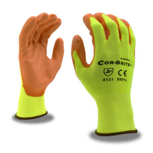 COR-BRITE 13-GAUGE, HI-VIS YELLOW POLYESTER SHELL, HI-VIS ORANGE POLYURETHANE PALM COATING