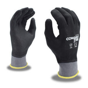 CONQUEST XTREME?, PREMIUM, GRAY NYLON/SPANDEX SHELL, FULL BLACK FOAM NITRILE/PU COATING, BLACK NITRILE DOTS
