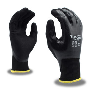 TUF-COR TOUCH, 13-GAUGE BLACK POLYESTER SHELL, BLACK NITRILE FULL COATING, BLACK SANDY NITRILE PALM COATING, ANSI CUT LEVEL A1