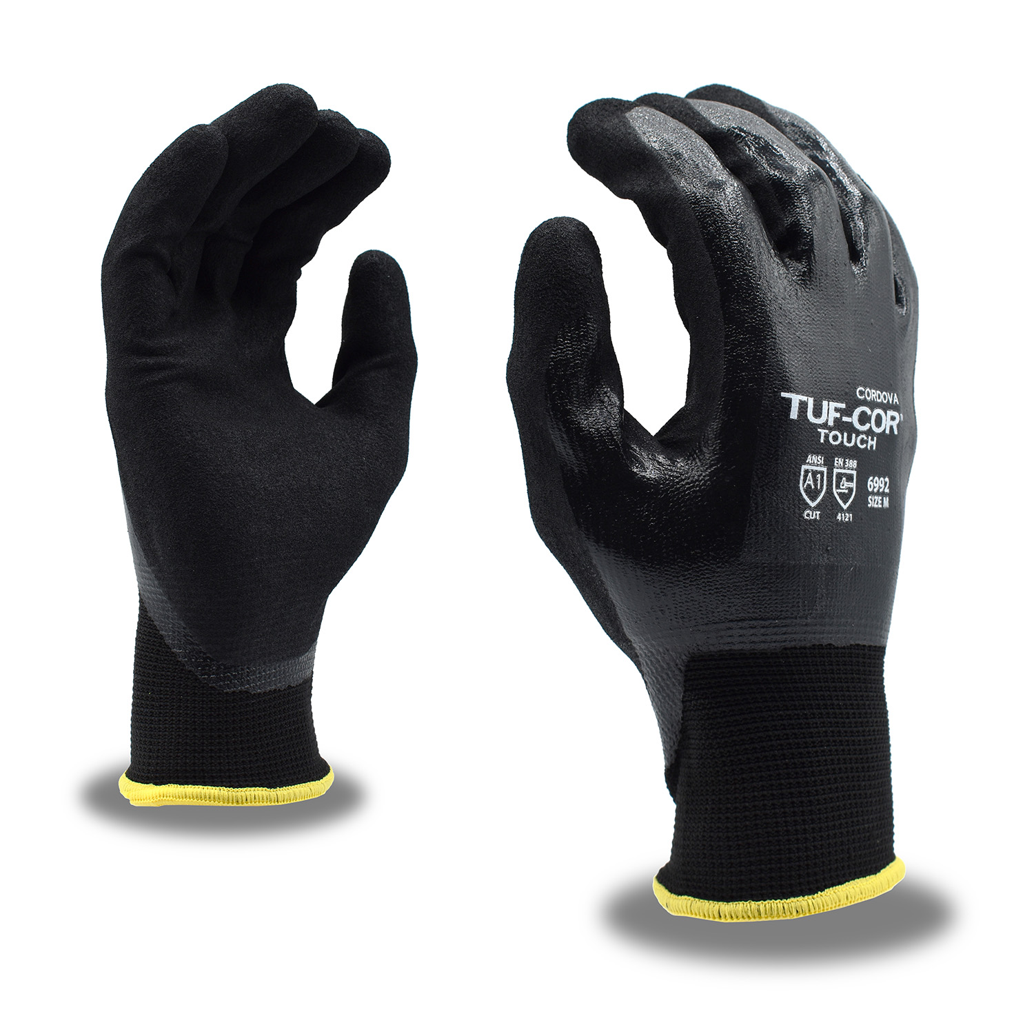 TUF-COR TOUCH, 13-GAUGE BLACK POLYESTER SHELL, BLACK NITRILE FULL COATING, BLACK SANDY NITRILE PALM COATING, ANSI CUT LEVEL A1