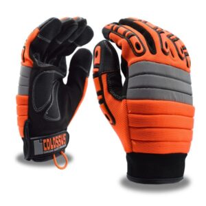 COLOSSUS ORANGE SPANDEX BACK, FOAM METACARPAL PADDING, TPR PROTECTORS, BLACK SYNTHETIC LEATHER PALM, PVC PALM REINFORCEMENTS, HOOK & LOOP CLOSURE