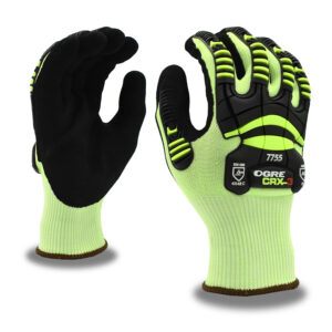 OGRE CRX-3, 15G HI-VIS GREEN CRX FIBER (NO GLASS OR STEEL), BLACK SANDY NITRILE PALM COATING, SONIC WELDED TPR, ANSI CUT LEVEL A3, ANSI IMPACT LEVEL 1, TOUCHSCREEN COMPATIBILITY