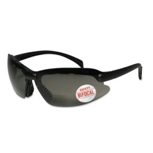 Smoke Bifocal Safety Glasses, 2.0 Diopter, Clear Coating, Polycarbonate Lens, Black Frame
