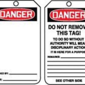 Accuform Signs 5 34" X 3 14" 10 mils PF-Cardstock Accident Prevention Safety Tag DANGER (BLANK) With Disciplinary Action Warning On Back (25 Per Pack)