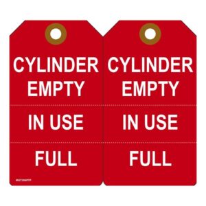 Accuform Signs 5 34" X 3 14" White And Red 15 mil RP-Plastic English, Perforated Cylinder Status Tag "CYLINDER EMPTY IN USEFULL" With Metal Grommeted 38" Reinforced Hole (25 Per Pack)
