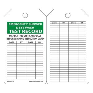 Accuform Signs 5 34" X 3 14" Black, Green And White 10 mil PF-Cardstock English Equipment Status Tag "EMERGENCY SHOWER & EYEWASH TEST RECORD INSPECT THIS UNIT CAREFULLY BEFORE SIGNING INSPECTION CARD" With 38" Plain Hole (25 Per Pack)