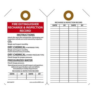 Accuform Signs 5 34" X 3 14" Red, Black And White 15 mil RP-Plastic English Fire Inspection Tag "FIRE EXTINGUISHER RECHARGE AND INSPECTION RECORD" With Metal Grommeted 38" Reinforced Hole (25 Per Pack)