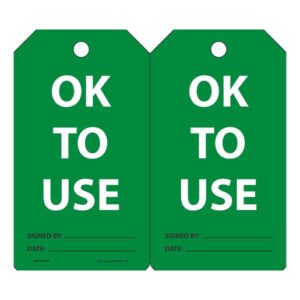 Accuform Signs 5 34" X 3 14" White And Green 10 mil PF-Cardstock Equipment Status Tag "OK TO USE" With 38" Plain Hole (25 Per Pack)