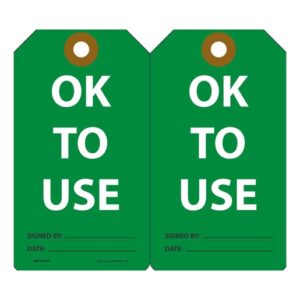 Accuform Signs 5 34" X 3 14" White And Green 15 mil RP-Plastic Equipment Status Tag "OK TO USE" With Metal Grommeted 38" Reinforced Hole (25 Per Pack)
