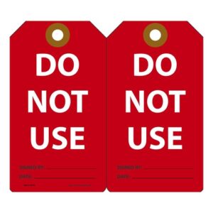 Accuform Signs 5 34" X 3 14" White, Black And Red 15 mil RP-Plastic Equipment Status Tag "DO NOT USE" With Metal Grommeted 38" Reinforced Hole (25 Per Pack)