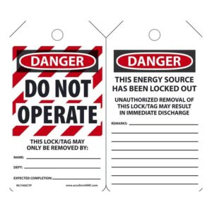 Accuform Signs 5 78" X 3 18" 10 mils PF-Cardstock Lockout - Tagout Tag DANGER DO NOT OPERATE (25 Per Pack)