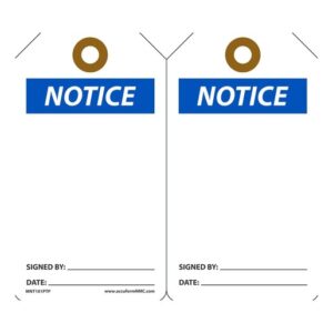 Accuform Signs 5 78" X 3 18" 15 mils RP-Plastic Accident Prevention Blank Tag NOTICE (25 Per Pack)
