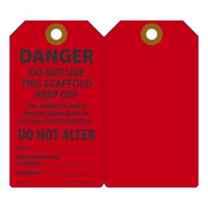 Accuform Signs 5 34" X 3 14" Black And Red 15 mil RP-Plastic English Scaffold Status Tag "DANGER DO NOT USE THIS SCAFFOLD KEEP OFF â€¦" With Metal Grommeted 38" Reinforced Hole (25 Per Pack)