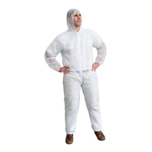 ECONOMY WEIGHT, WHITE POLYPROPYLENE COVERALL WITH HOOD, ZIPPER FRONT, ELASTIC AT HOOD, WRISTS & ANKLES