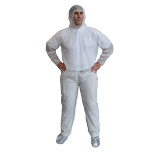 ECONOMY WEIGHT, WHITE POLYPROPYLENE COVERALL WITH HOOD & BOOTS, ZIPPER FRONT, ELASTIC AT HOOD, BOOTS, WRISTS & ANKLES