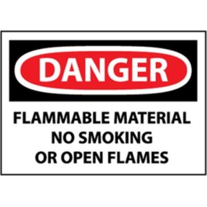 NMC OSHA "Danger Flammable Material No Smoking..." Sign, Rigid Plastic, 10" x 14", White/Black/Red, 1/Each