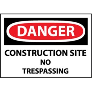 NMC OSHA "Danger Construction Site No Trespassing" Sign, Rigid Plastic, 10" x 14", White/Black/Red, 1/Each