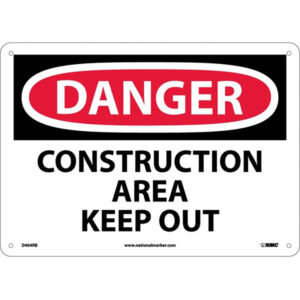 NMC OSHA "Danger Construction Area Keep Out" Sign, Rigid Plastic, 10" x 14", White/Black/Red, 1/Each
