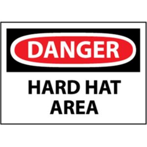 NMC OSHA "Danger Hard Hat Area" Sign, Rigid Plastic, 10" x 14", White/Black/Red, 1/Each