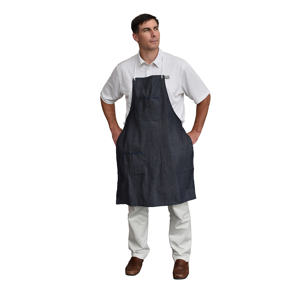 DENIM APRON WITH GROMMETS & TIES, 1 CHEST POCKET, ONE WAIST POCKET, 28" X 36"