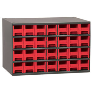 Akro-Mils 19-Series Heavy-Duty Steel Storage Cabinet, 28 Drawer (Drawer Dimensions: 2 1/16"H x 2 3/16"W x 10 9/16"D), Red, 1/Each