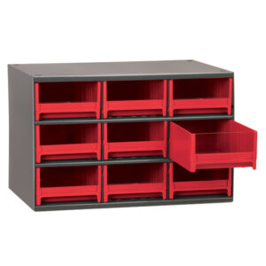 Akro-Mils 19-Series Heavy-Duty Steel Storage Cabinet, 9 Drawer (Drawer Dimensions: 3 1/16"H x 5 3/16"W x 10 9/16"D), Red, 1/Each