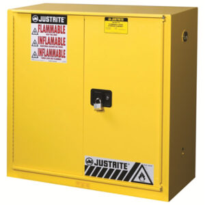 Justrite Sure-Grip EX Safety Cabinets w/ Self-Closing Doors, 40 gal, 44"H x 43"W x 18"D, IFC, 3 Shelves, Yellow, 1/Each