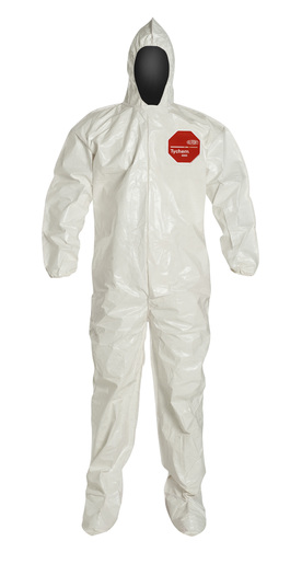 DuPont Large White Tychem 4000, 12 mil Chemical Protective Coveralls With Hood, Elastic Wrists And Attached Socks