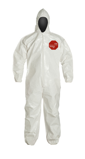 DuPont Large White Tychem 4000, 12 mil Chemical Protective Coveralls With Hood, Elastic Wrists And Ankles